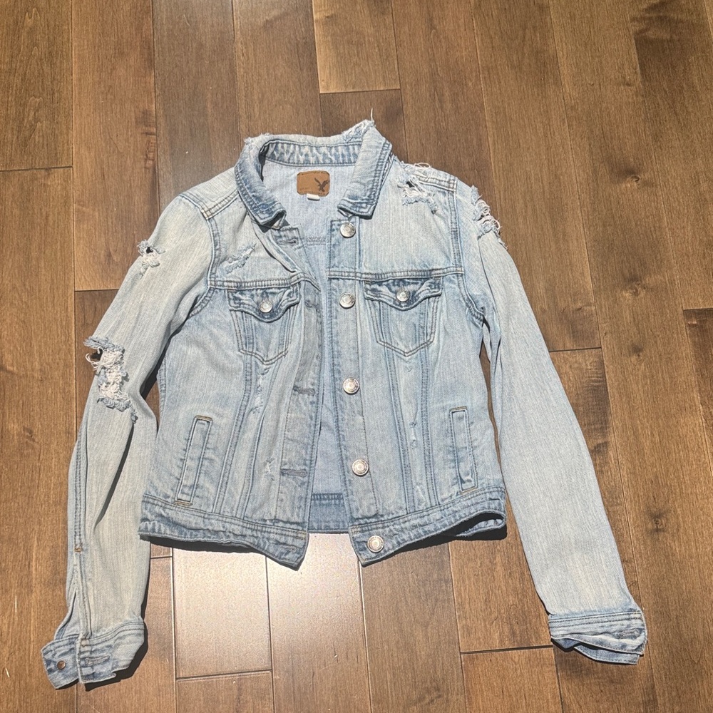 American Eagle Outfitters Light Blue Distressed Jean Jacket